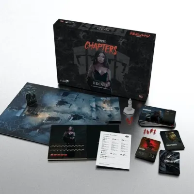 Vampire: The Masquerade – CHAPTERS Hecata contents with cards, tiles, sheets, and miniature.