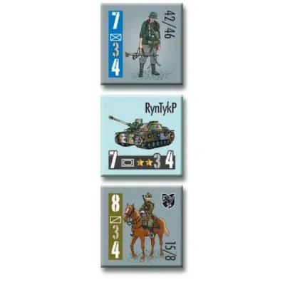 Counter samples for Storms in the East, showing Finnish infantry, an assault gun, and cavalry.