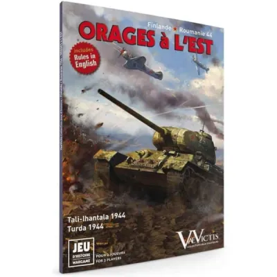 Box cover of Storms in the East, showing a Soviet tank advancing under aircraft and explosions.