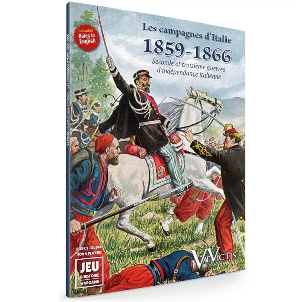 Box cover of The Campaigns of Italy 1859–1866, showing cavalry and infantry fighting in Italy.