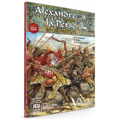 Box cover of Alexander Against Persia, showing Alexander charging into battle against Persian cavalry.