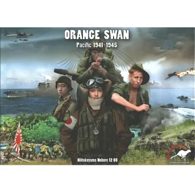 Box cover of Orange Swan, showing Pacific War soldiers, aircraft, ships, and island battle scenes.