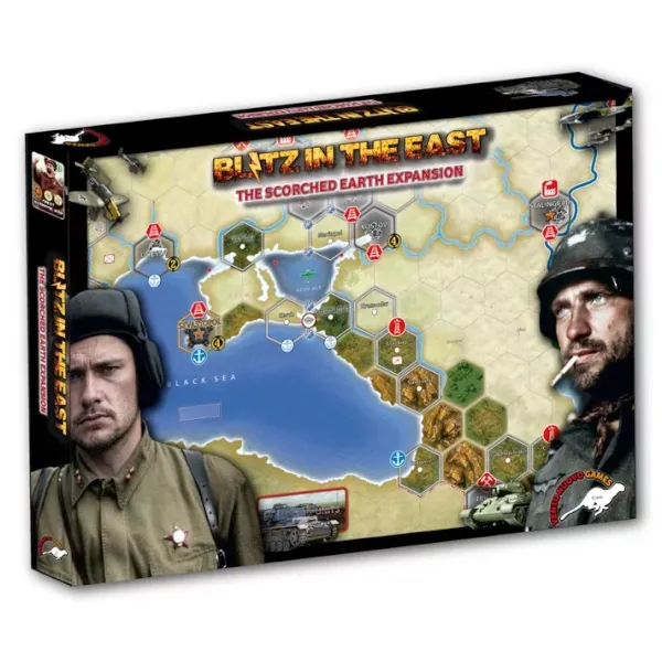 Box cover of Blitz in the East: Scorched Earth Expansion, showing Eastern Front soldiers and a campaign map.