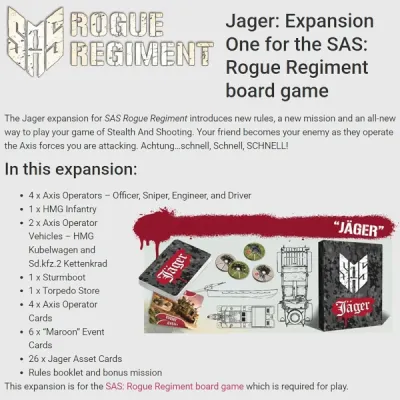SAS Rogue Regiment: Jäger expansion components with Axis operators, vehicles, cards, tokens, and rules.