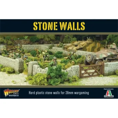 Stone Walls scenery box showing 28mm stone wall terrain with WWII miniatures and vehicles.