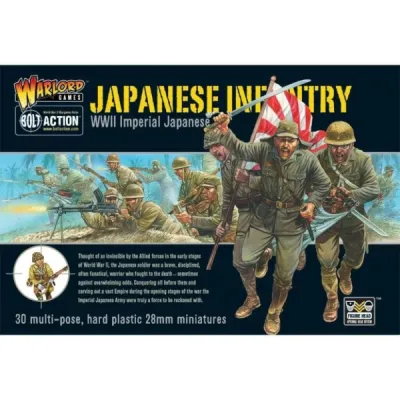 Bolt Action Japanese Infantry box showing Imperial Japanese troops advancing with rifle, sword and flag.