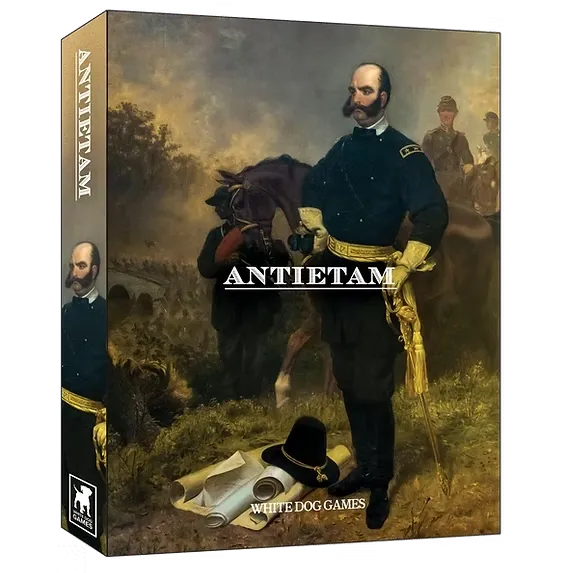 Antietam box cover showing Union General Ambrose Burnside standing beside a horse on a Civil War battlefield.