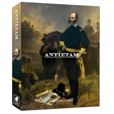 Antietam box cover showing Union General Ambrose Burnside standing beside a horse on a Civil War battlefield.