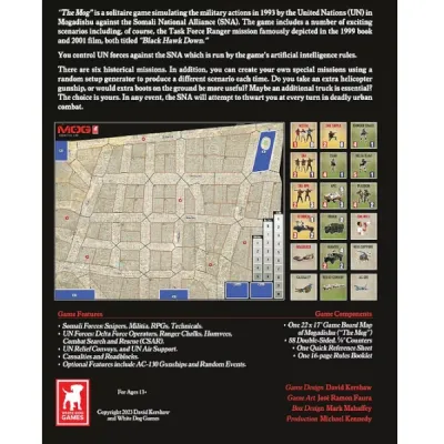 The MOG Mogadishu 1993 back cover with game description, map preview, counters, features, and components.
