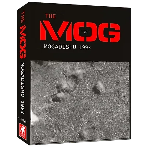 The MOG Mogadishu 1993 box cover with aerial city image and bold red title on a black background.