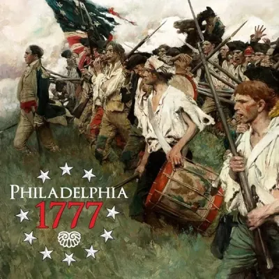 Box cover for Philadelphia 1777, showing American Revolution troops marching with a flag and drum.