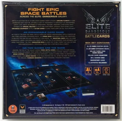 Elite Dangerous: Battle Cards box back with contents list and gameplay overview.