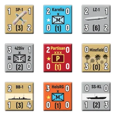 Strategy &amp; Tactics #343: Operation Albion counters with aircraft, naval, minefield, and ground units.