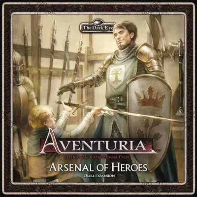 Aventuria: Arsenal of Heroes duel expansion box front with knight and child artwork.
