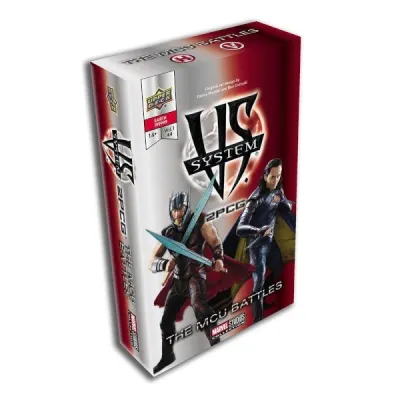 Vs. System 2PCG: The MCU Battles box front with Thor and Loki from the Marvel Cinematic Universe.