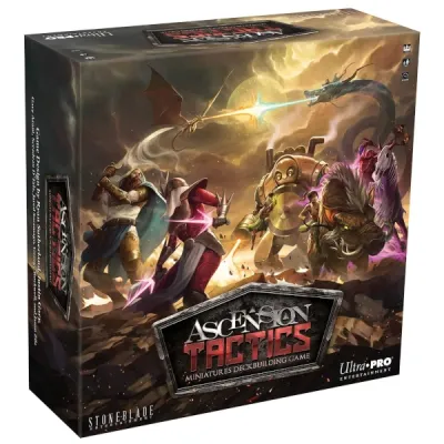 Ascension Tactics: Miniatures Deckbuilding Game Ascension Tactics: Miniatures Deckbuilding Game box front with fantasy battle artwork.