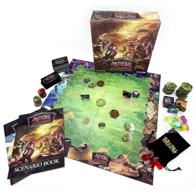 Ascension Tactics contents with game board, cards, tokens, scenario book, and draw bag.