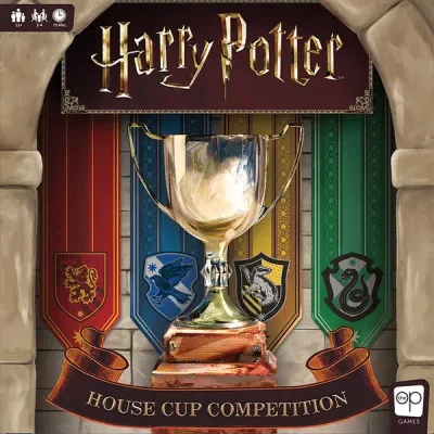 Harry Potter: House Cup Competition box front with Hogwarts house banners and the House Cup trophy.