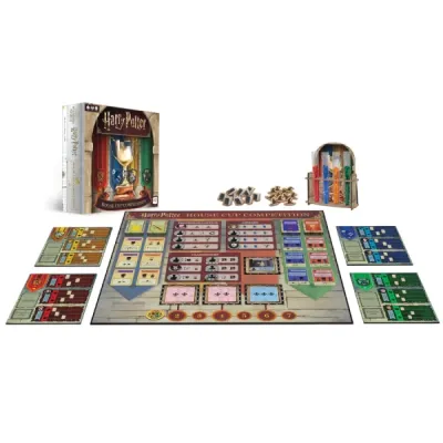 Harry Potter: House Cup Competition contents with game board, house player boards, trophy display, tokens, and cards.