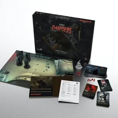 Vampire: The Masquerade – CHAPTERS Banu Haqim contents with cards, tiles, sheets, and miniature.