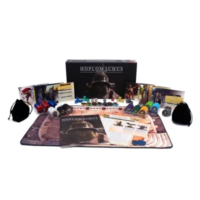 Hoplomachus: Remastered contents with chips, dice, cards, mats, rulebook, and bags.