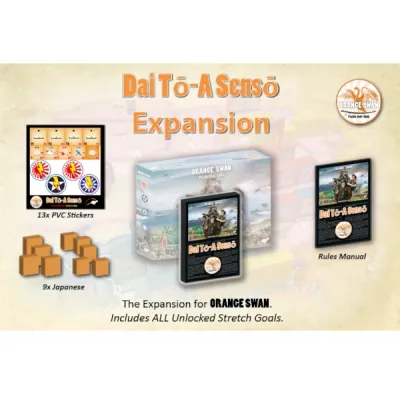 Components for Orange Swan: Dai Tō-A Sensō Expansion, including Japanese blocks, stickers, and rules manual.
