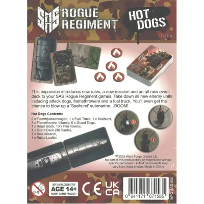 SAS Rogue Regiment: Hot Dogs expansion back showing cards, tokens, contents, and product details.