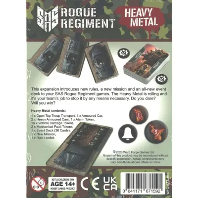 SAS Rogue Regiment: Heavy Metal expansion back showing cards, tokens, contents, and product details.