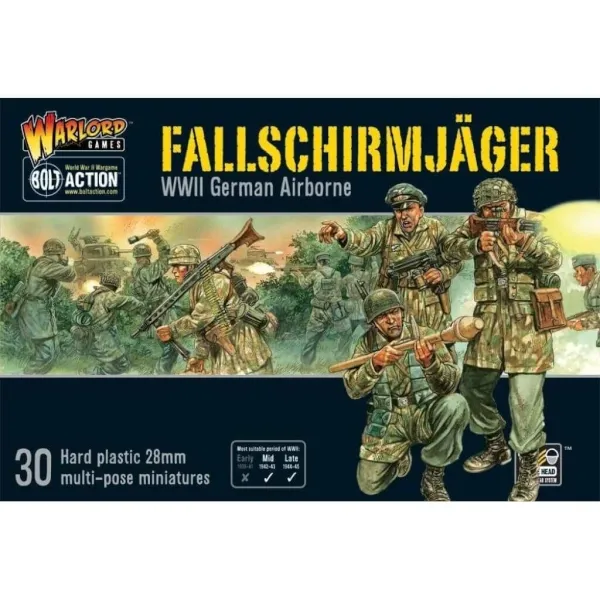 Bolt Action Fallschirmjäger box showing WWII German airborne troops advancing through battle.
