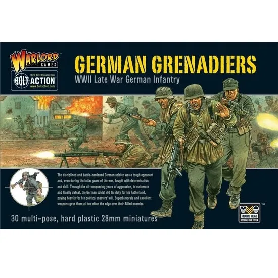 Bolt Action German Grenadiers box showing late-war German infantry advancing through a burning battlefield.