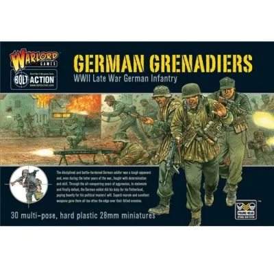 Bolt Action German Grenadiers box showing late-war German infantry advancing through a burning battlefield.