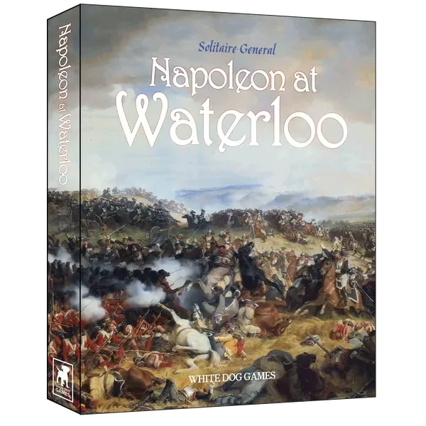 Solitaire General Napoleon at Waterloo box cover showing cavalry and infantry fighting at the Battle of Waterloo.
