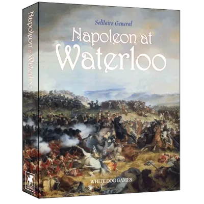 Solitaire General Napoleon at Waterloo box cover showing cavalry and infantry fighting at the Battle of Waterloo.