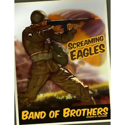 Box cover for Band of Brothers: Screaming Eagles, showing a 101st Airborne soldier firing a rifle in battle.
