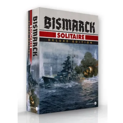 Box cover for Bismarck Solitaire Deluxe Edition, showing the German battleship Bismarck under fire at sea.