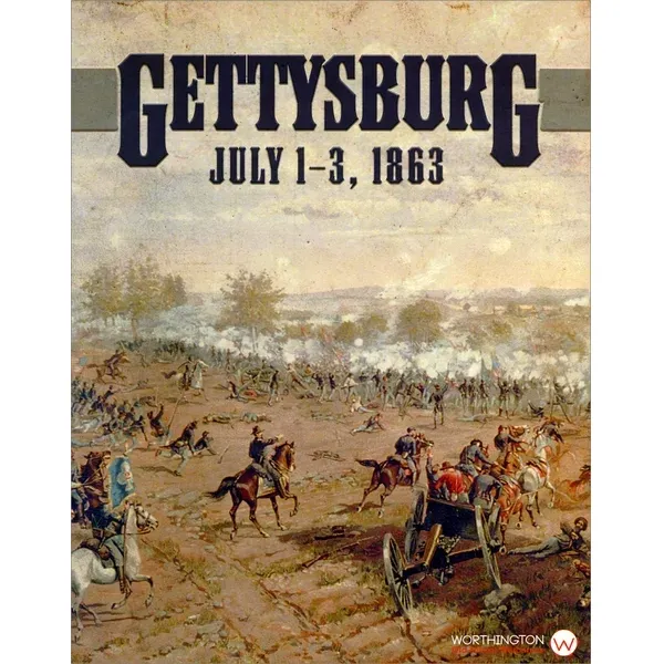 Box cover for Gettysburg: July 1–3, 1863, showing Civil War troops and artillery on the battlefield.