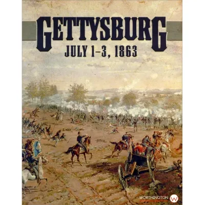 Box cover for Gettysburg: July 1–3, 1863, showing Civil War troops and artillery on the battlefield.