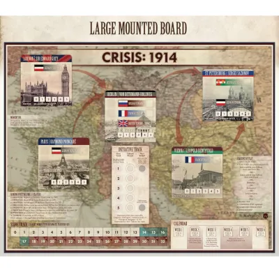 Mounted board for Crisis: 1914, showing European capitals, diplomatic tension tracks, and the score track.