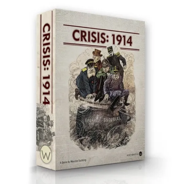 Box cover for Crisis: 1914, showing European leaders around a cauldron labelled Balkan Trouble.