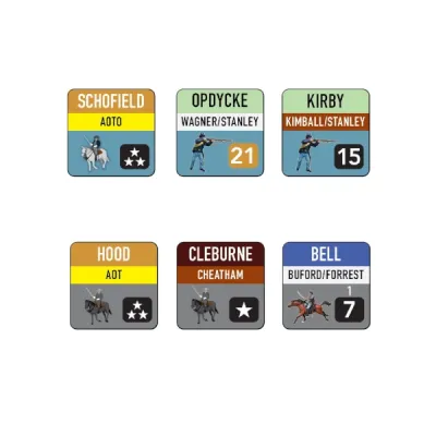 Sample counters for Franklin 1864, showing Union and Confederate leaders, infantry, and cavalry units.