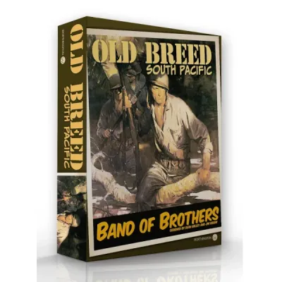 Box cover for Old Breed South Pacific, showing U.S. Marines advancing through jungle in a Band of Brothers game.