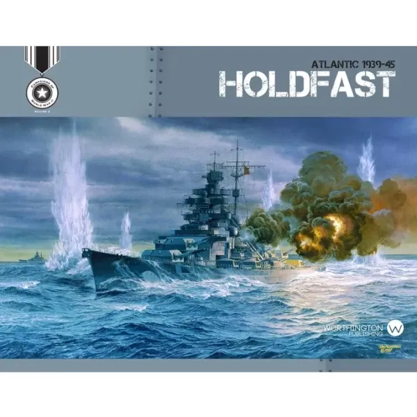 Box cover for Holdfast: Atlantic 1939–45, showing a battleship under attack by shells in the Atlantic.