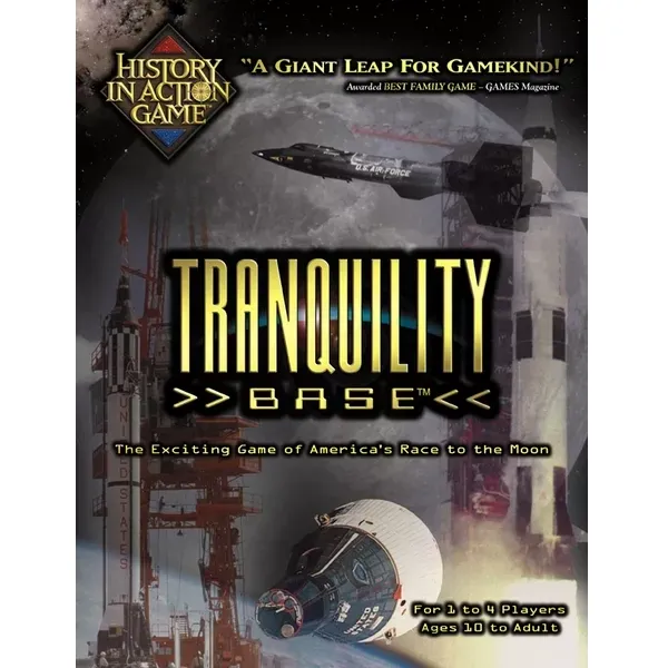Box cover for Tranquility Base, showing rockets, a spacecraft, and the Moon for America’s race to the Moon.