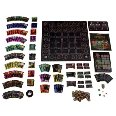 The Rise & Fall of Anvalor board, faction tiles, enemy tiles, cards, tokens, dice and rulebook.