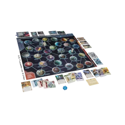 Star Wars: The Clone Wars game setup with planet map, cards, dice and miniatures.