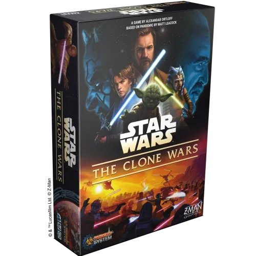 Star Wars: The Clone Wars box front with Jedi, Sith villains and Clone Wars battle artwork.