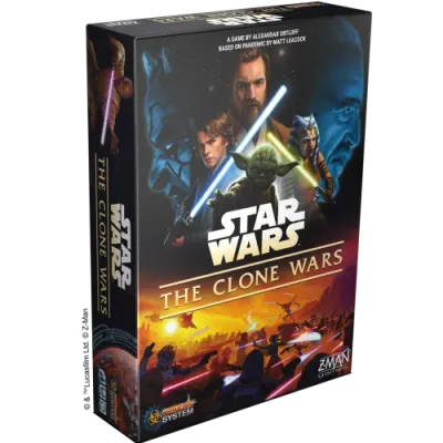 Star Wars: The Clone Wars box front with Jedi, Sith villains and Clone Wars battle artwork.