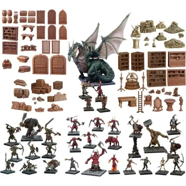TerrainCrate GM’s Dungeon Starter Set with dungeon terrain, doors, heroes, monsters, undead, orcs, and a dragon.