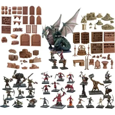 TerrainCrate GM’s Dungeon Starter Set with dungeon terrain, doors, heroes, monsters, undead, orcs, and a dragon.