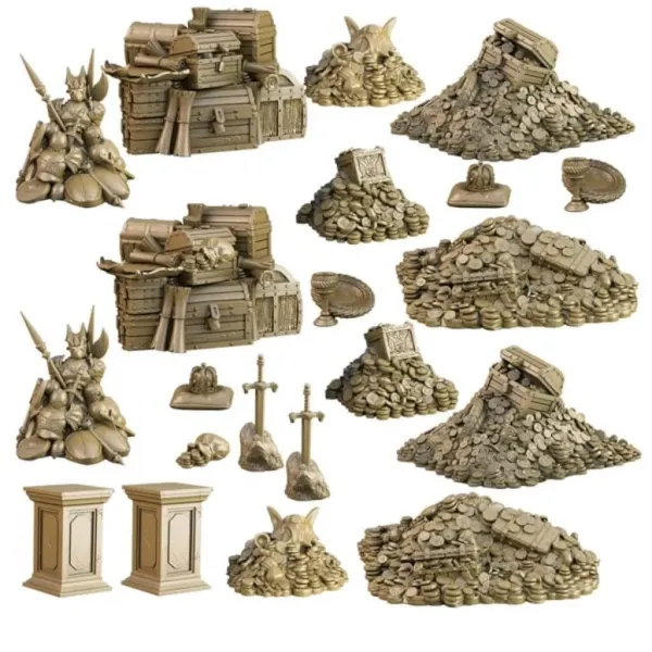 TerrainCrate Treasury set with treasure piles, chests, plinths, crowns, swords, goblets, and coin hoards.